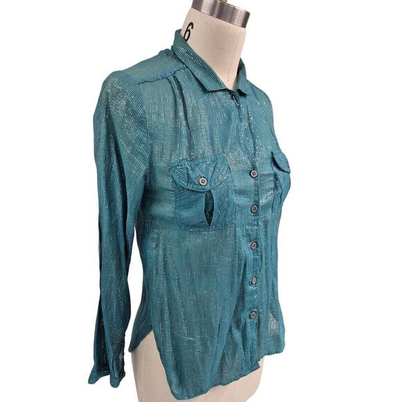 vtg 1970s Green Button Down Cotton Gauze Shirt Metallic Silver Thread Sz S - Picture 2 of 5